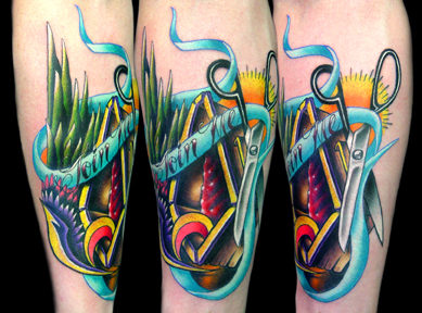 Tattoos - Lettering tattoos - coffin,scissors,winged banner morph